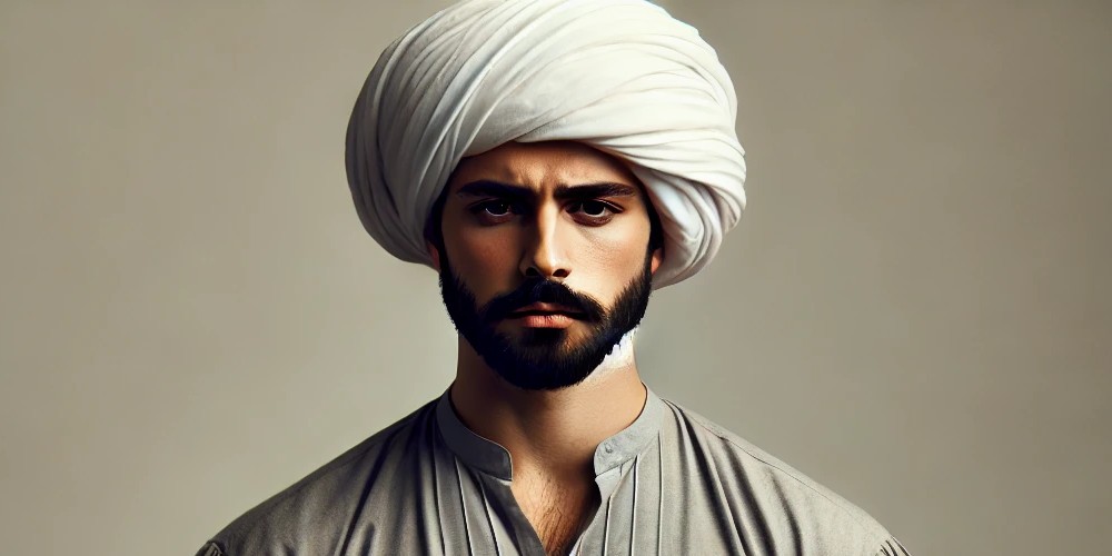 DALL·E 2024 09 07 16.25.14 A Turkish man wearing a traditional white turban and gray shirt, with wide pants. He has a serious and frowning expression, stand