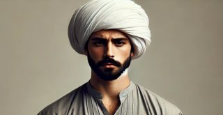 DALL·E 2024 09 07 16.25.14 A Turkish man wearing a traditional white turban and gray shirt, with wide pants. He has a serious and frowning expression, stand